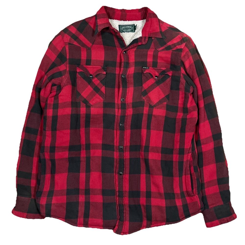 Ralph Lauren Polo Country Buffalo Red Plaid Sherpa Snap Button Shirt Jacket L